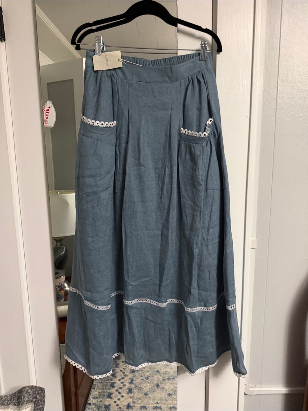 LINTICO Blue Maxi Skirt with Lace-Trim Pockets